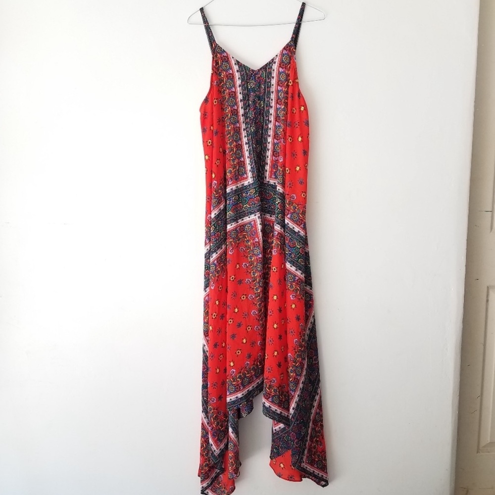 Nanette Lepore Calypso Red Boho Floral Multi Print Handkerchief Hem Dress